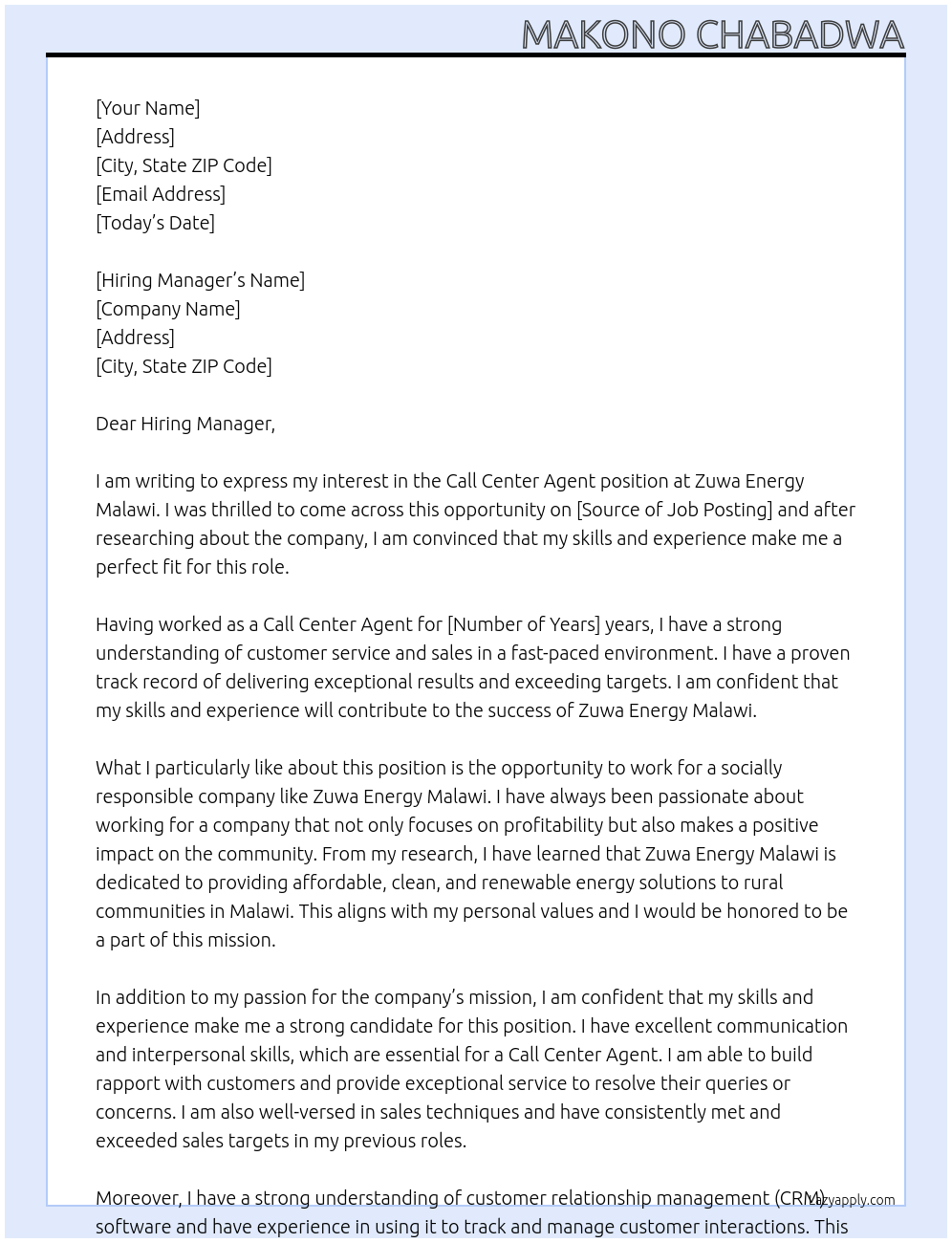 Call Center Agent At Zuwa Energy Malawi Cover Letter