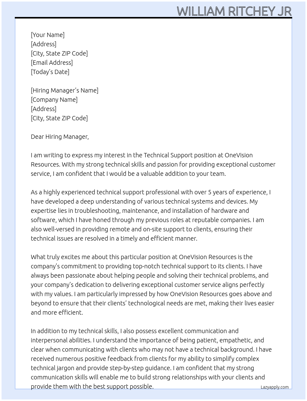 technical support At OneVision Resources Cover Letter
