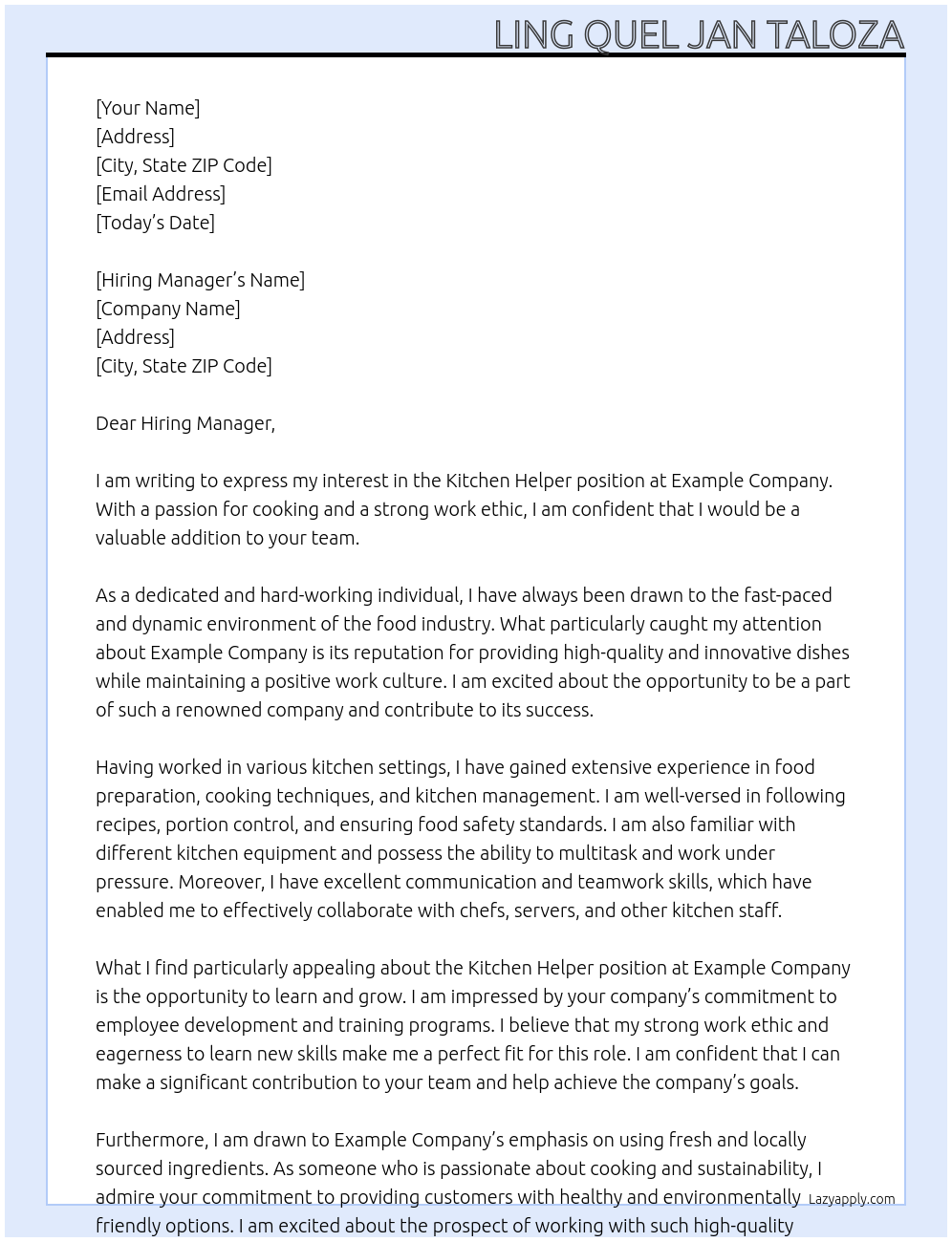 Kitchen Helper At Example Company Cover Letter