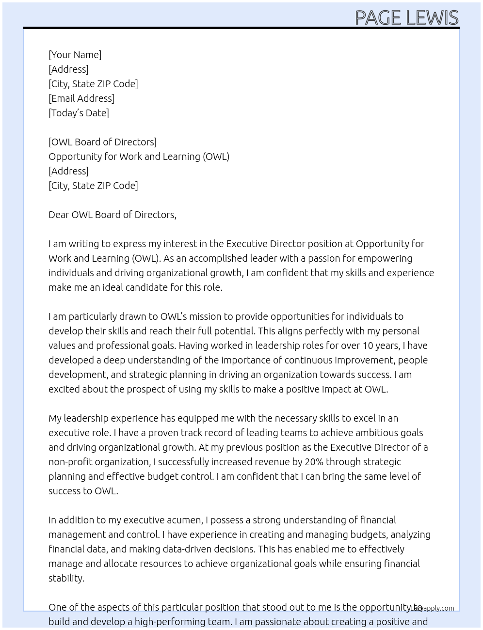 Executive Director At Opportunity for Work and Learning (OWL) Cover Letter