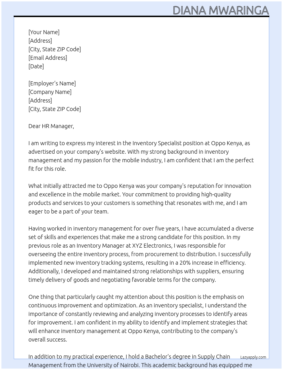 Inventory specialist At Oppo Kenya Cover Letter