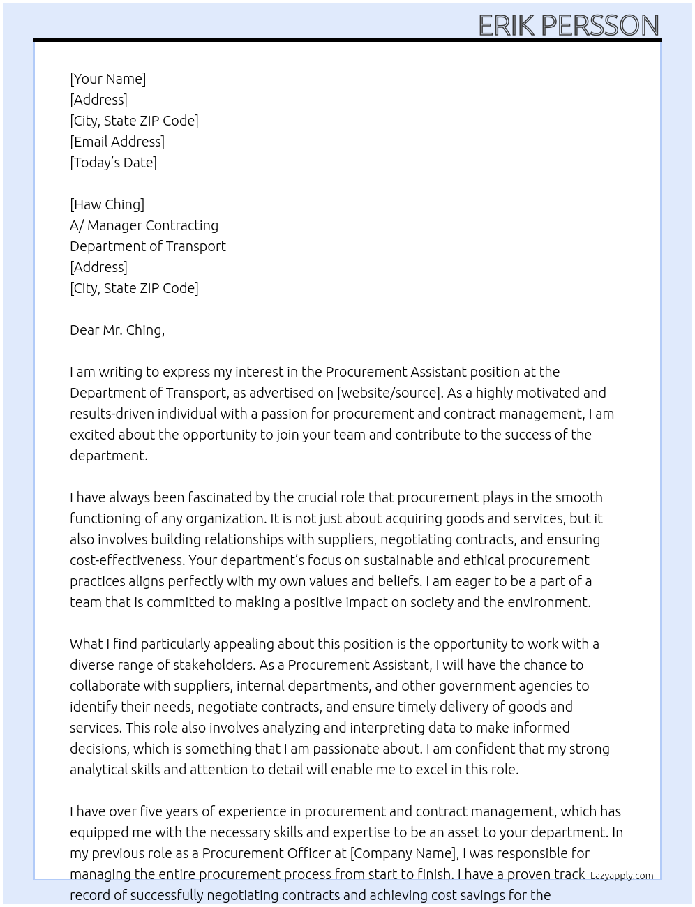 Procurement Assistant At Department of Transport Cover Letter