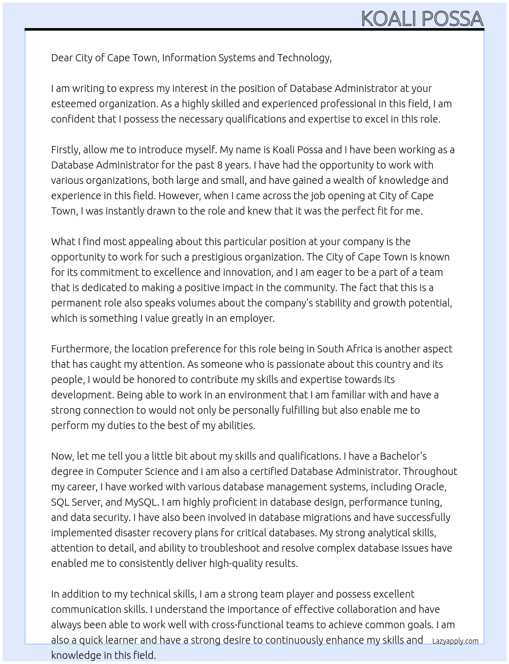 Database Administrator At City of Cape Town Cover Letter