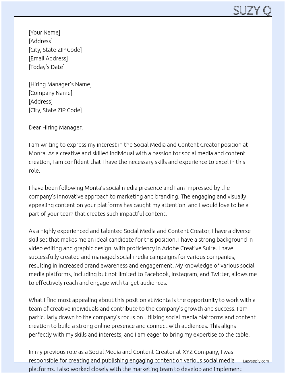 Social Media and Content Creator At Monta Cover Letter