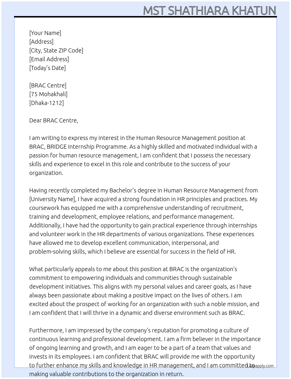 Human Resource Management At BRAC, BRIDGE Internship Programme Cover Letter