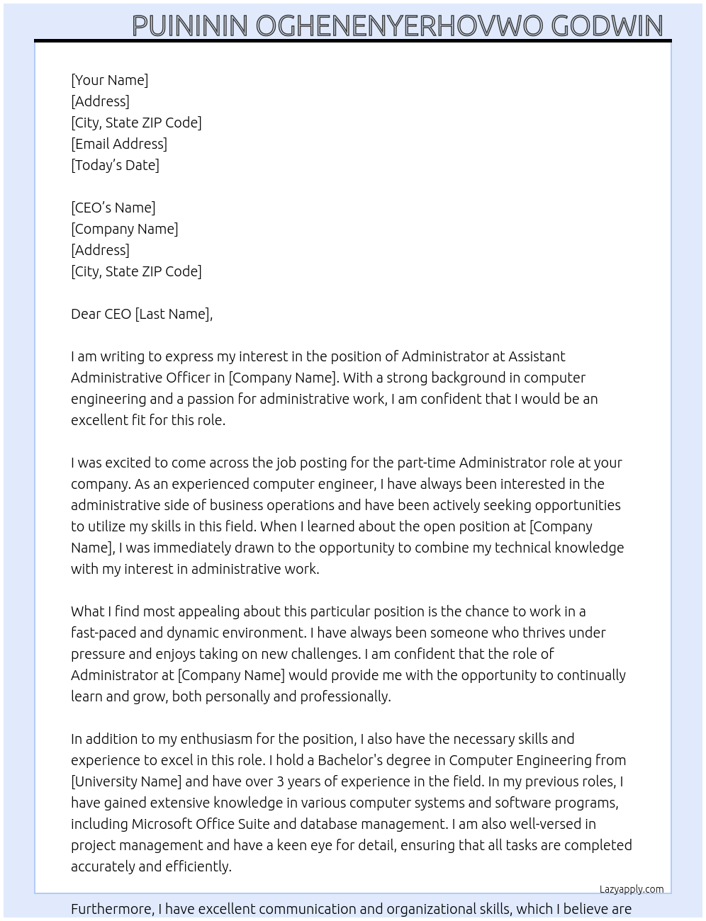 Administrator  At Assistant Administrative officer  Cover Letter