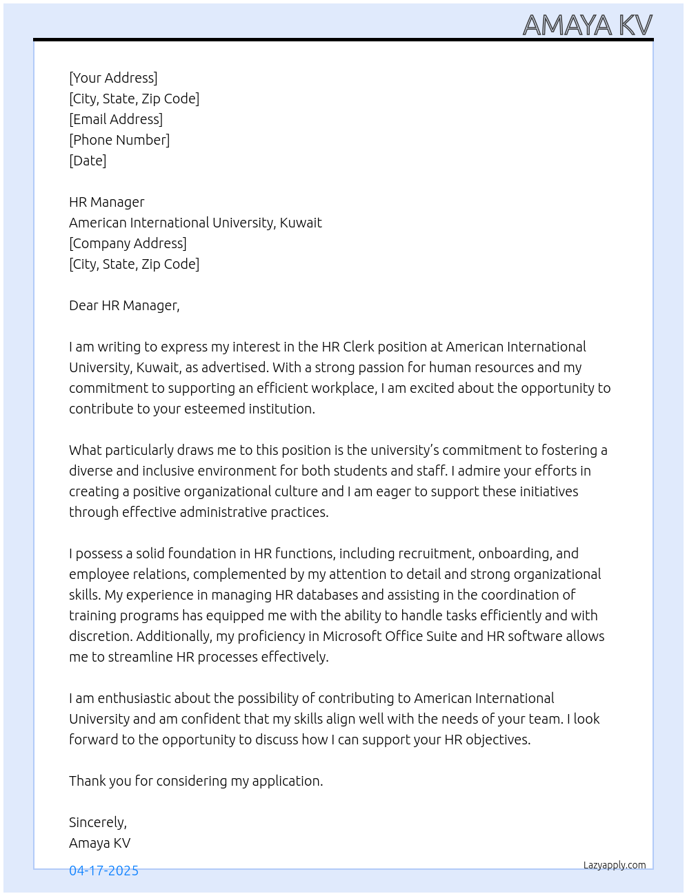 HR Clerk At American International University, Kuwait Cover Letter