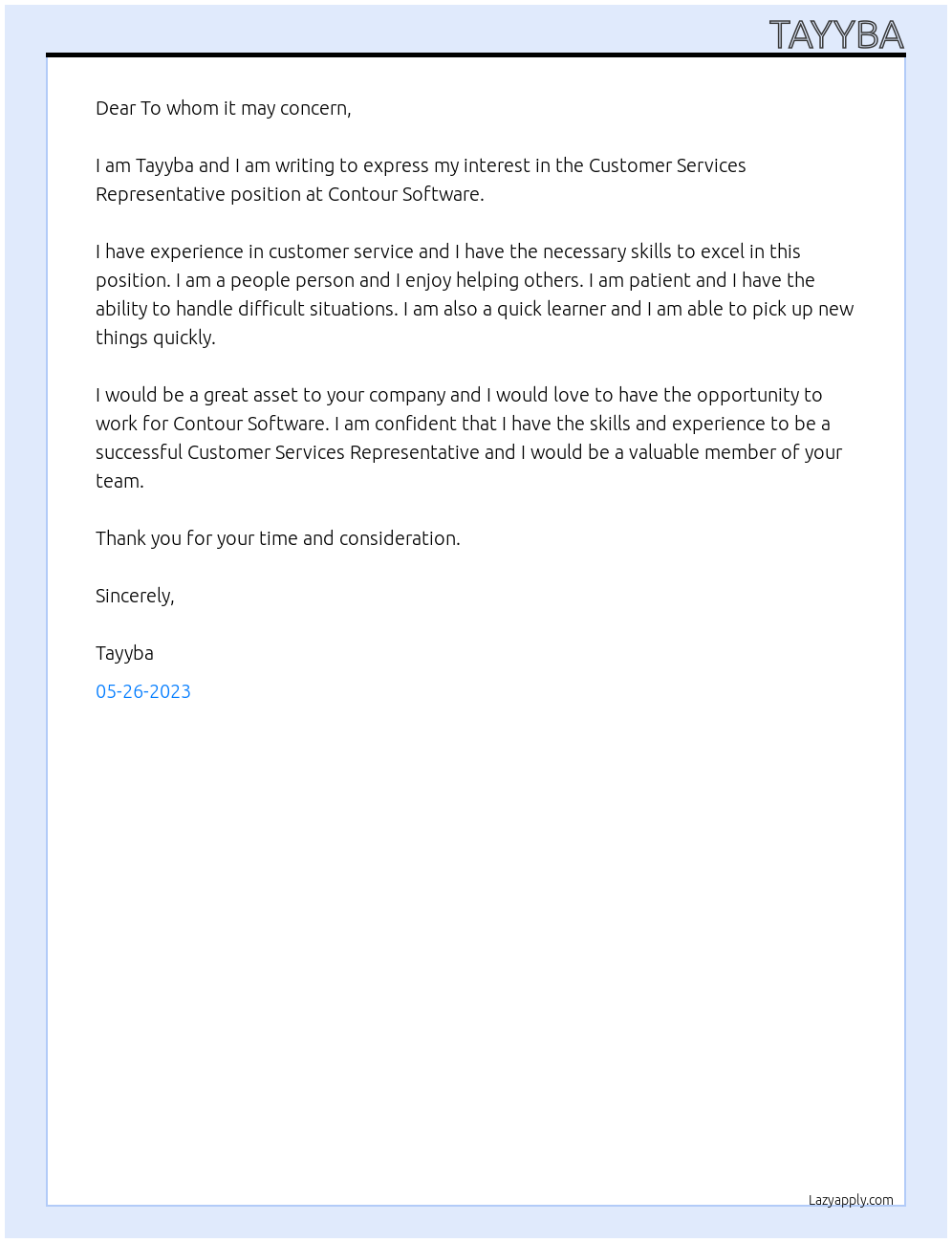 Customer Services Representative  At Contour Software Cover Letter