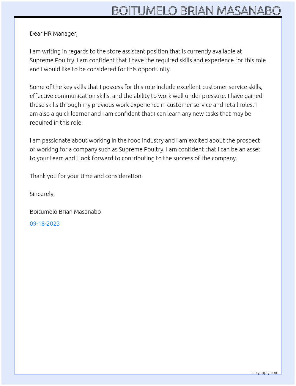 Store assistant At Supreme Poultry Cover Letter