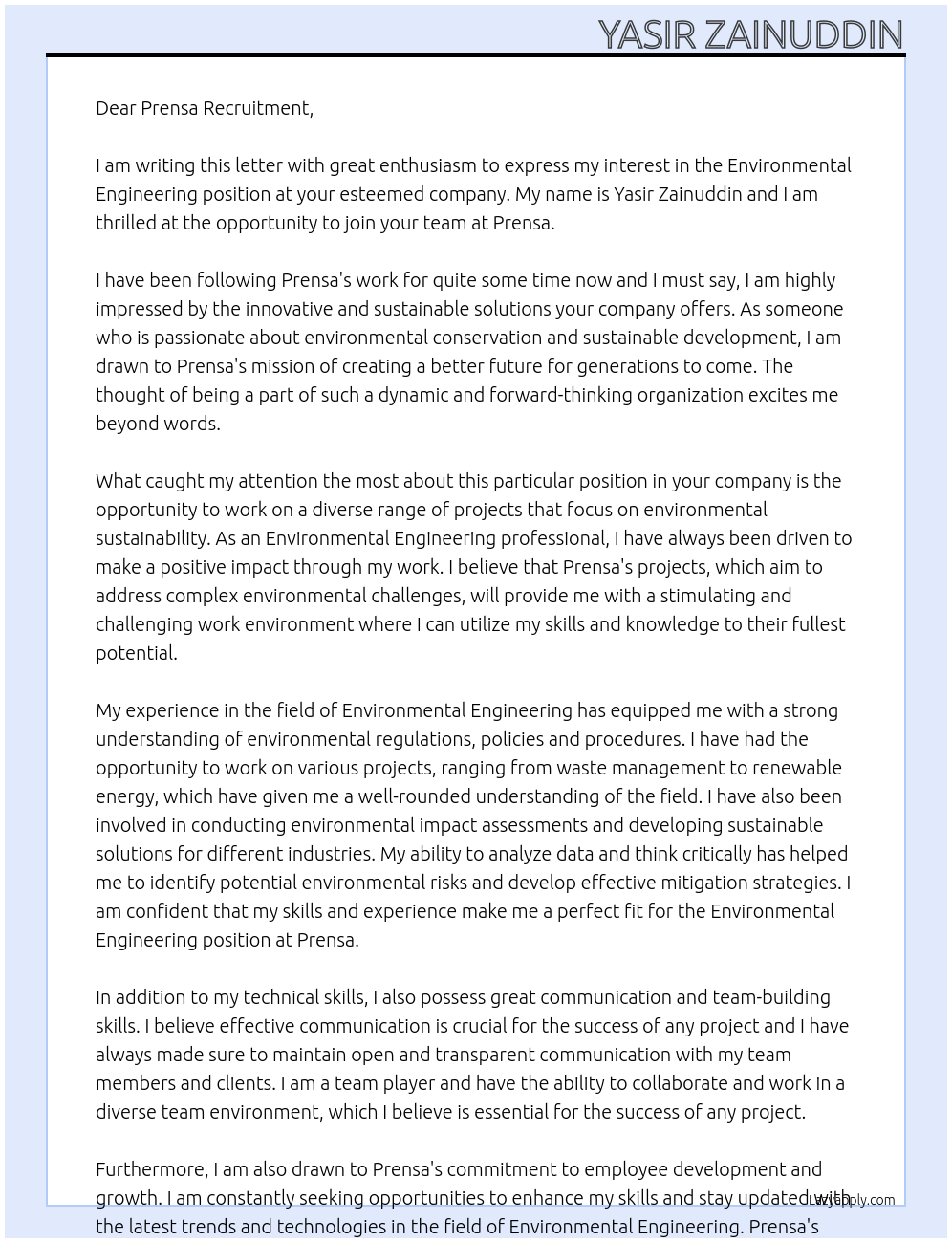 Environmental Engineering At Prensa Cover Letter