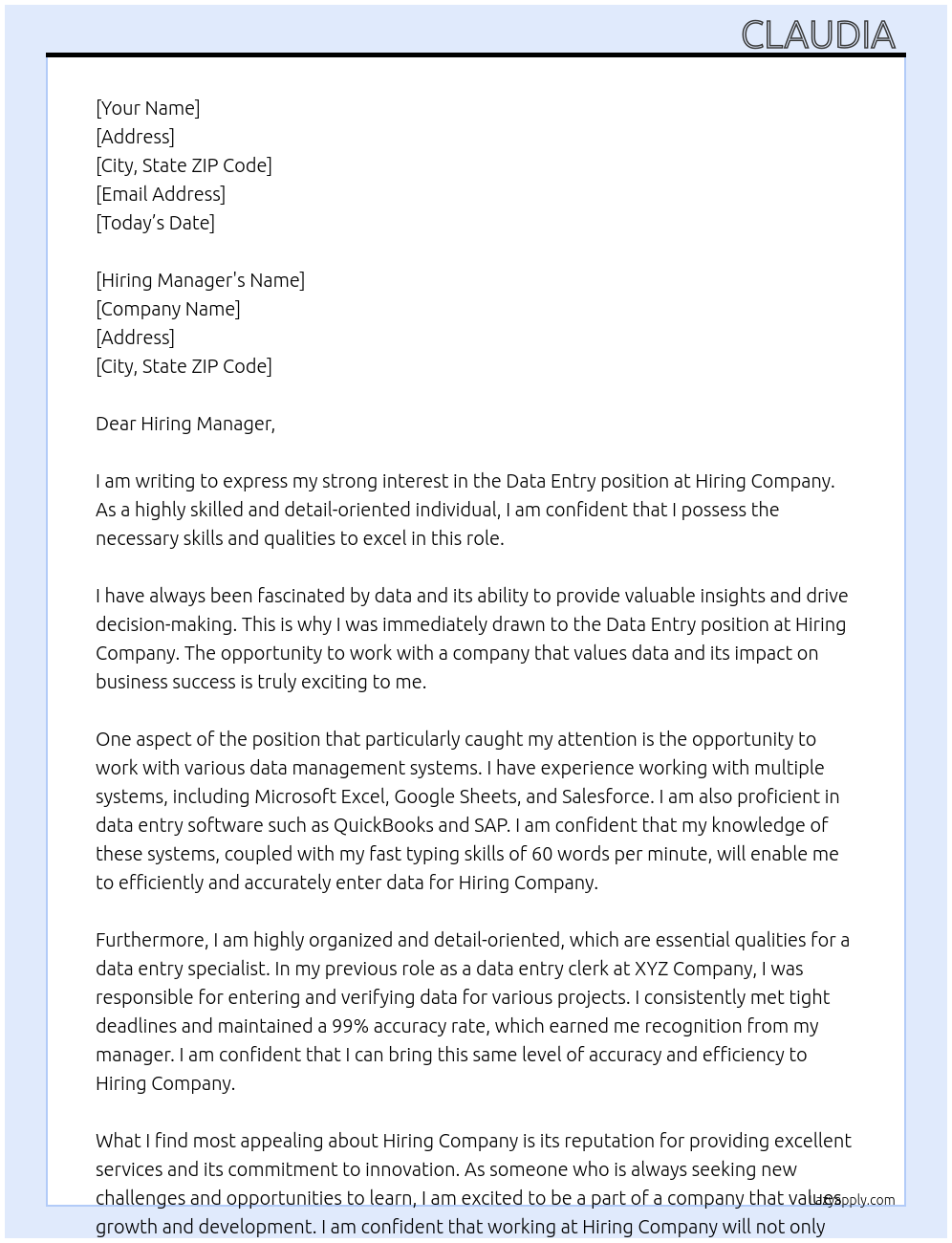 data enrty At hiring company Cover Letter