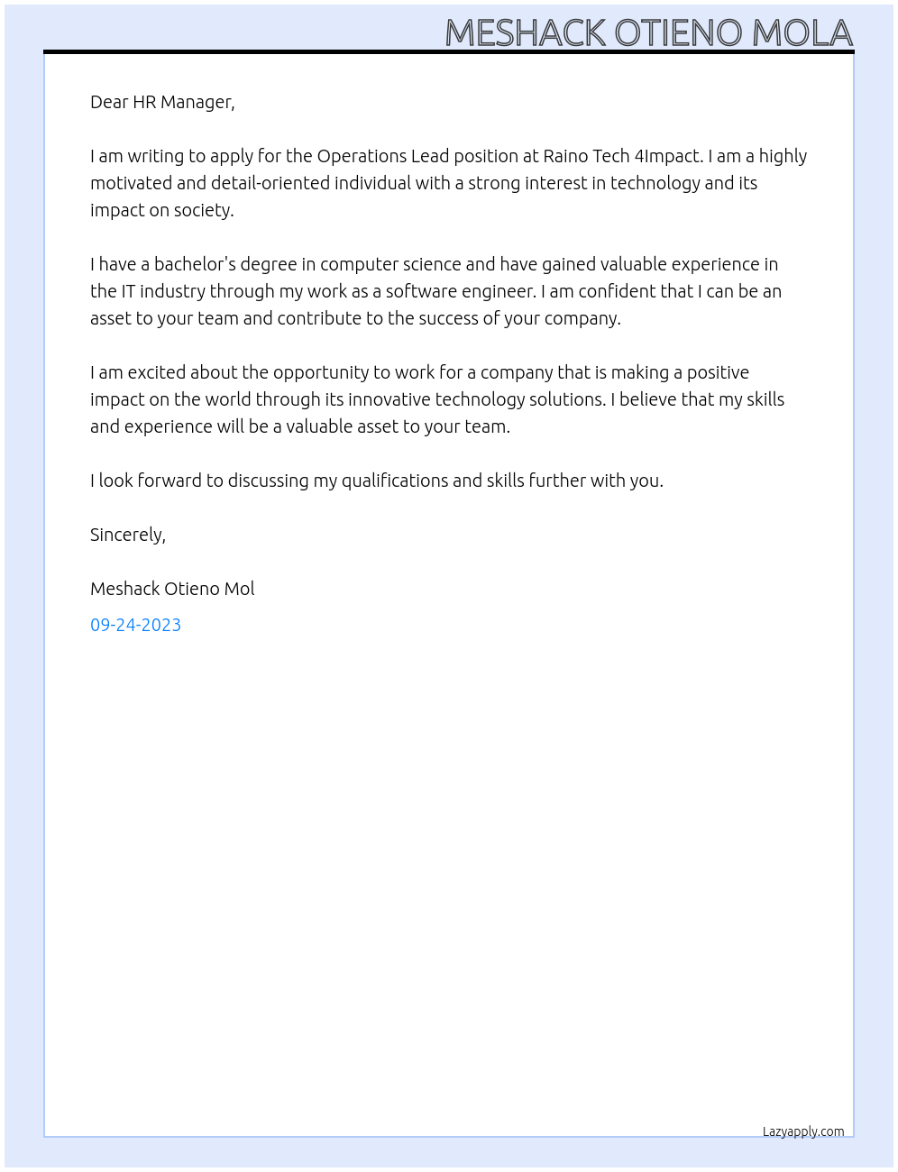 Operations Lead At Raino Tech 4Impact Cover Letter