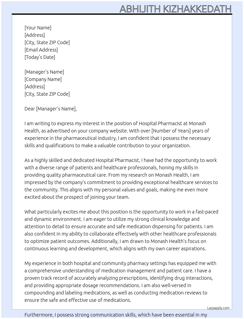 Hospital Pharmacist At Monash Health Cover Letter