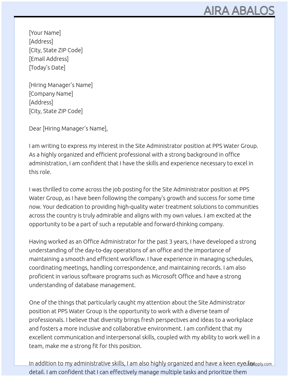 Site Administrator At PPS Water Group Cover Letter