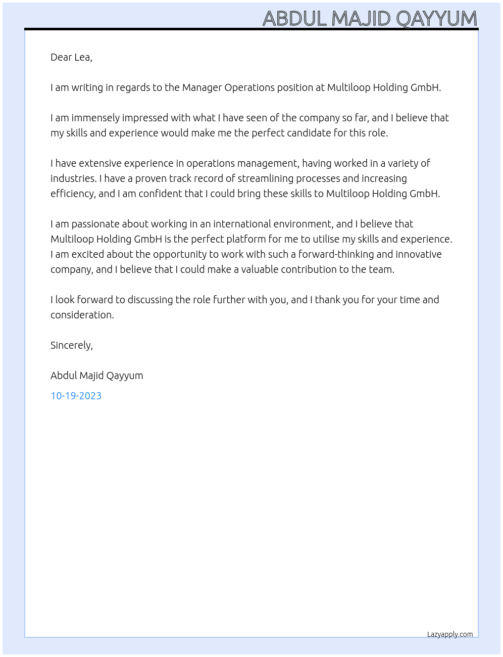 Manager Operations At Multiloop Holding GmbH Cover Letter