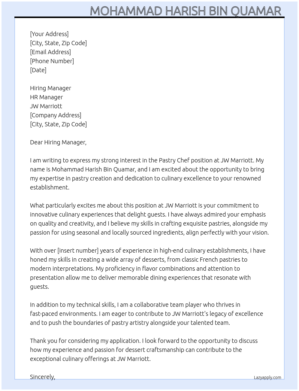 Pastry Chef At JW Marriott Cover Letter