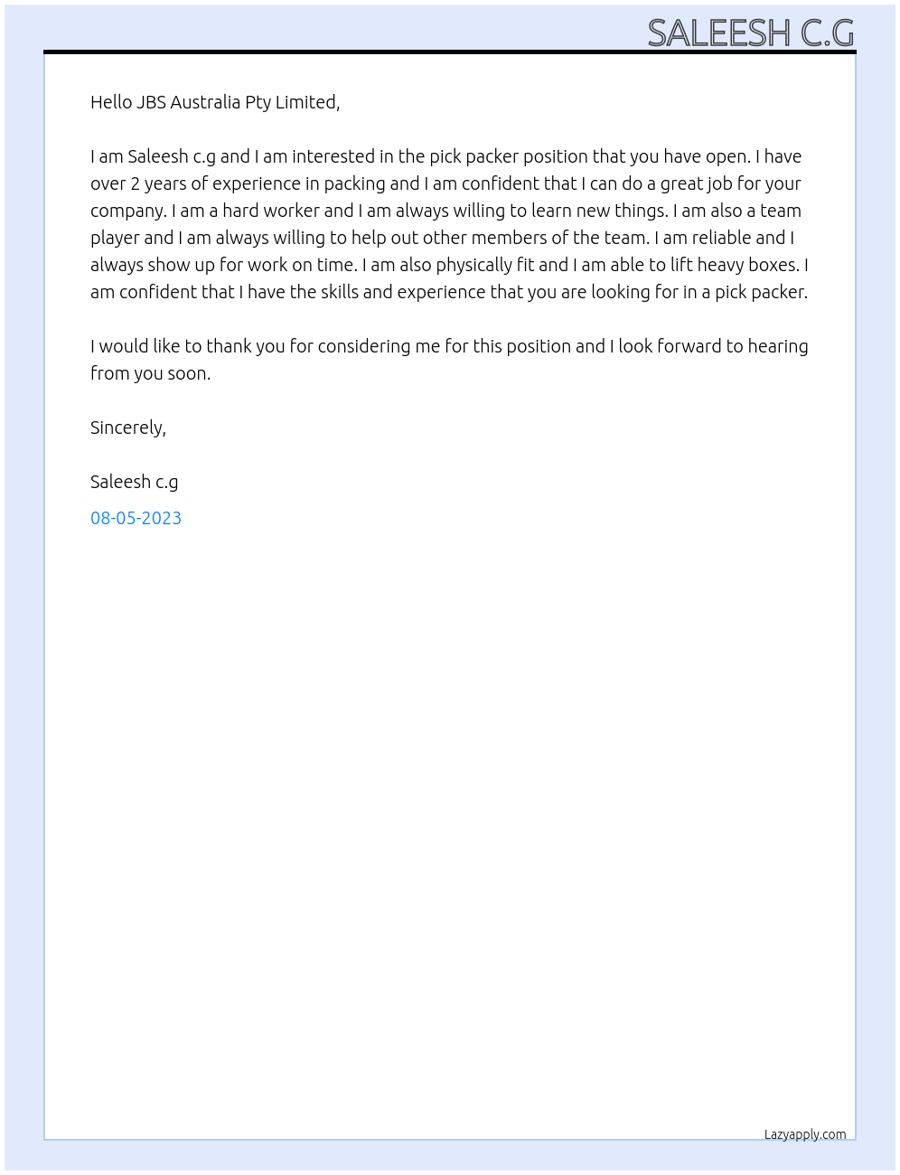 Pick packers At JBS Australia Pty Limited Cover Letter