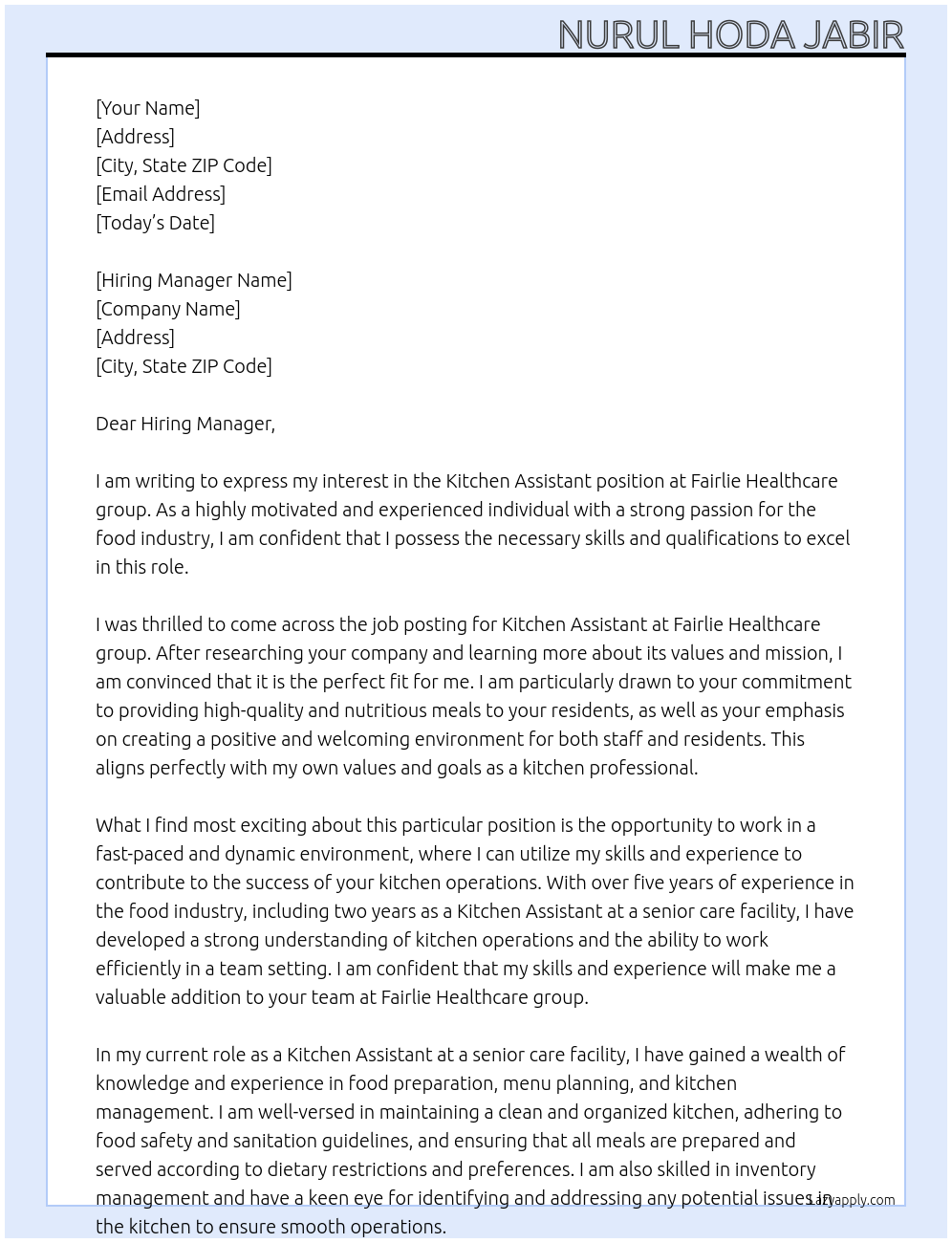 Kitchen assistant At Fairlie Healthcare group Cover Letter