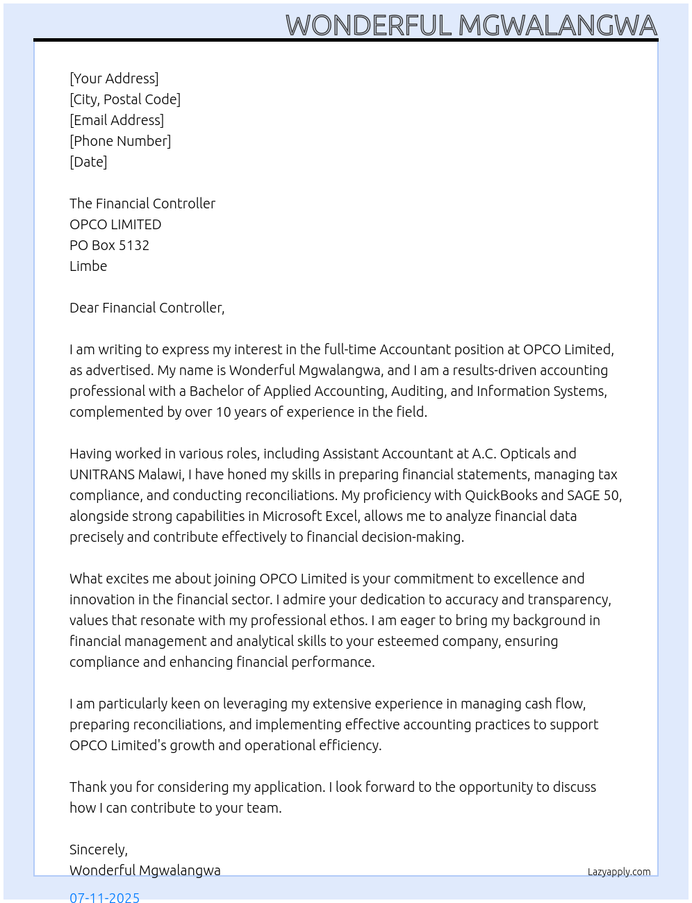 ACCOUNTANT At OPCO LIMITED PO Box 5132 Limbe. Cover Letter