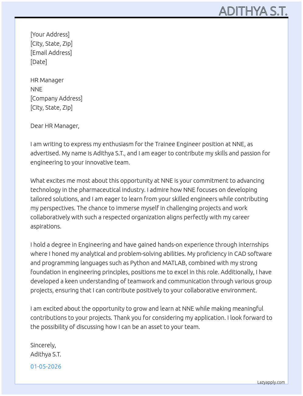 Cover letter for trainee engineer - LazyApply