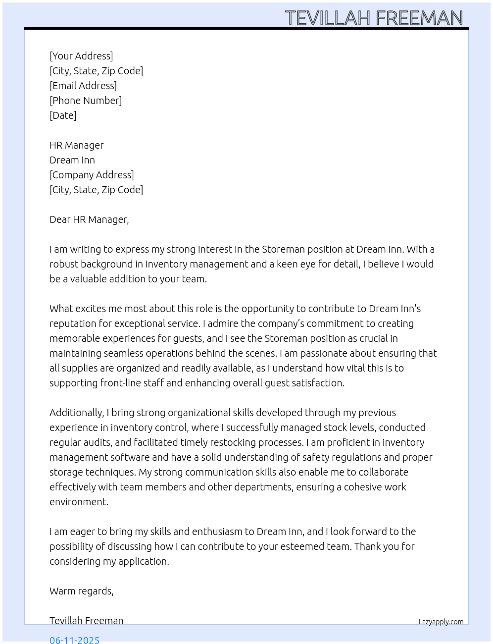 Storeman At Dream Inn Cover Letter