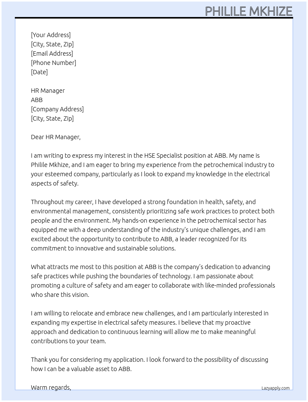 HSE Specialist At ABB Cover Letter