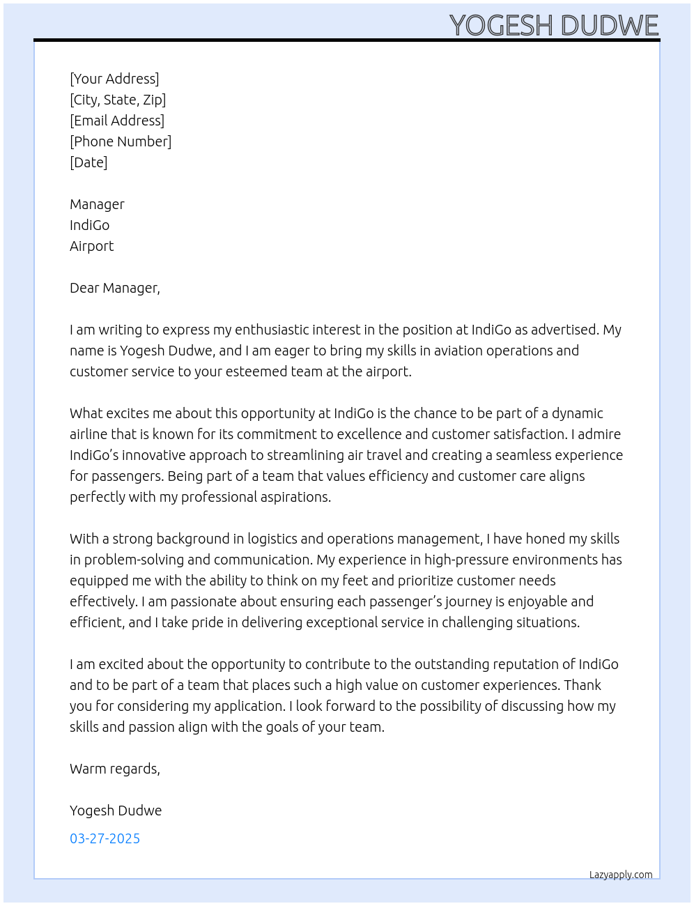 IndiGo At Airport Cover Letter