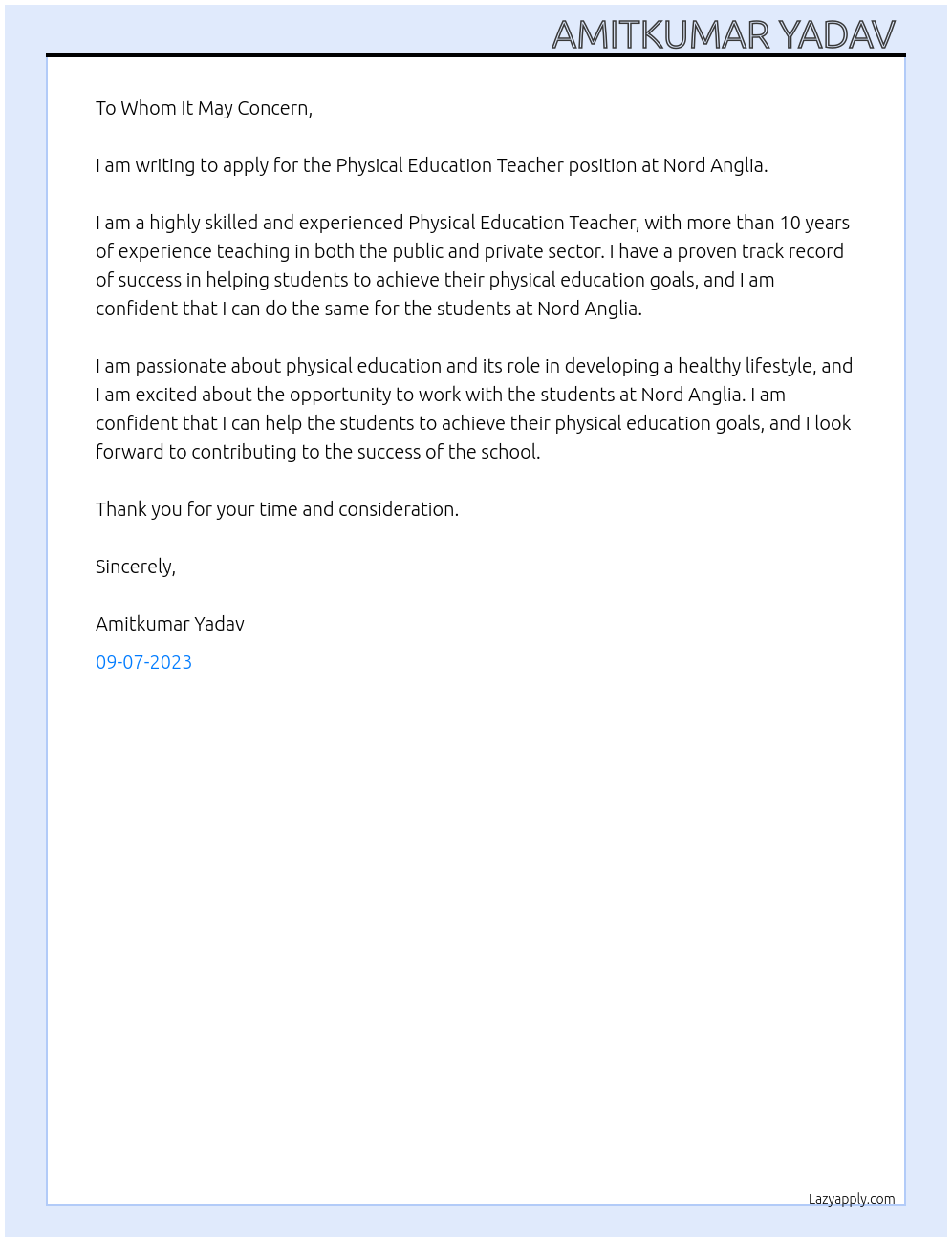 Physical Education Teacher At Nord Anglia Cover Letter