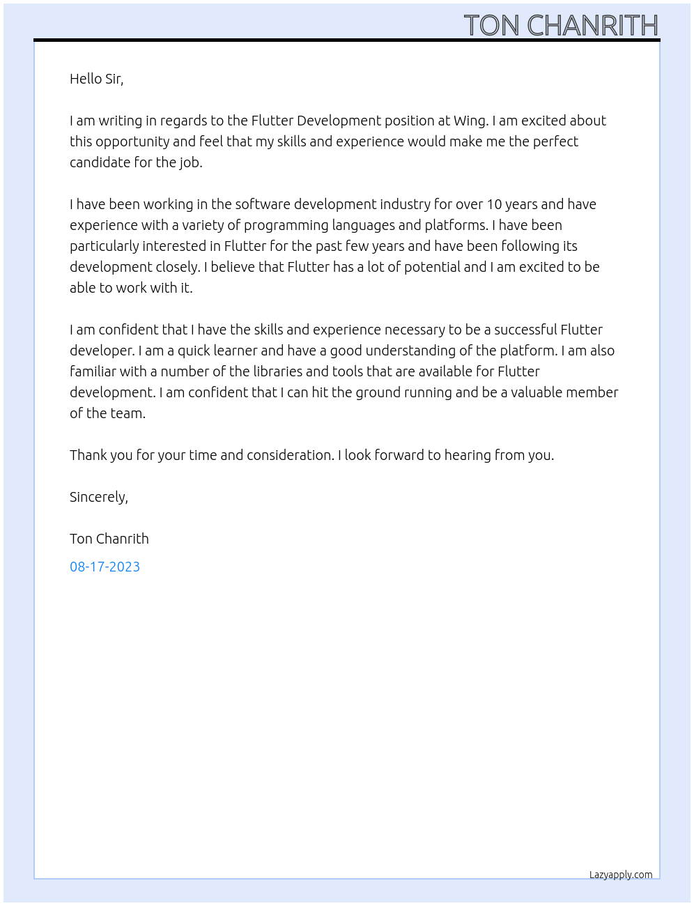 Flutter Development At Wing Cover Letter