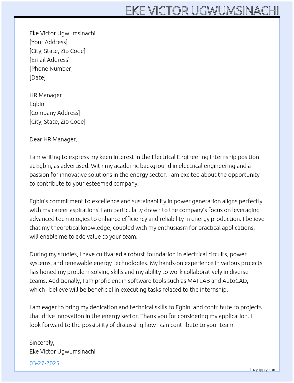 Electrical engineering At Egbin Cover Letter