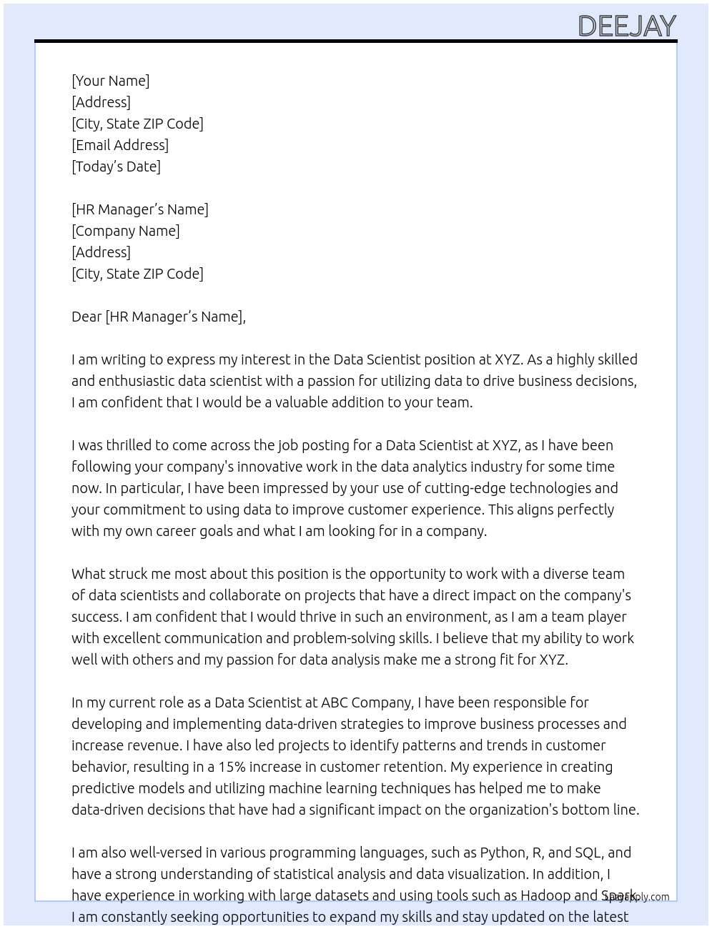 Data Scientist At XYZ Cover Letter