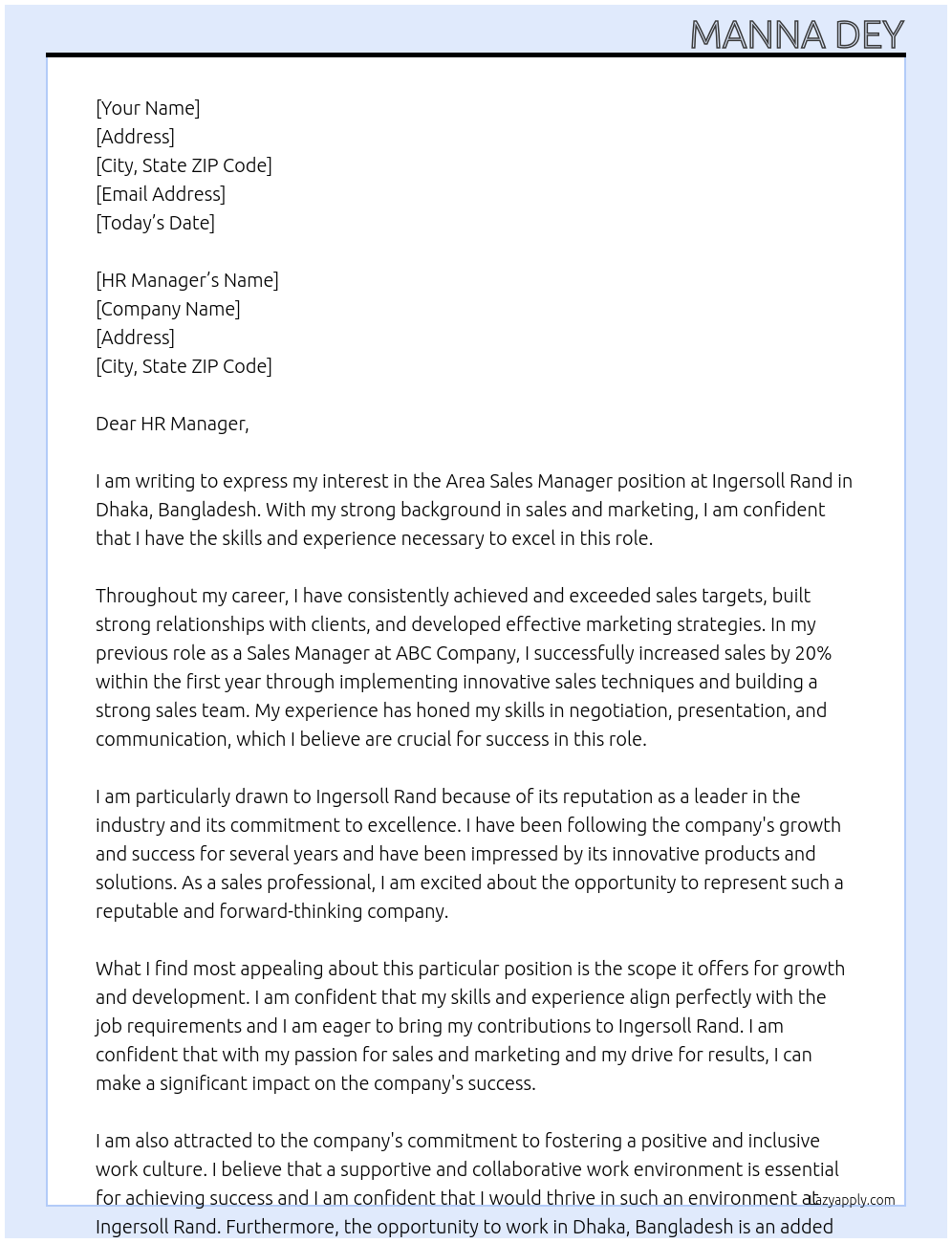 Area Sales Manager At Ingersoll Rand Cover Letter