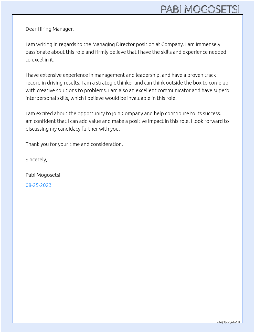 Managing Director At Company Cover Letter