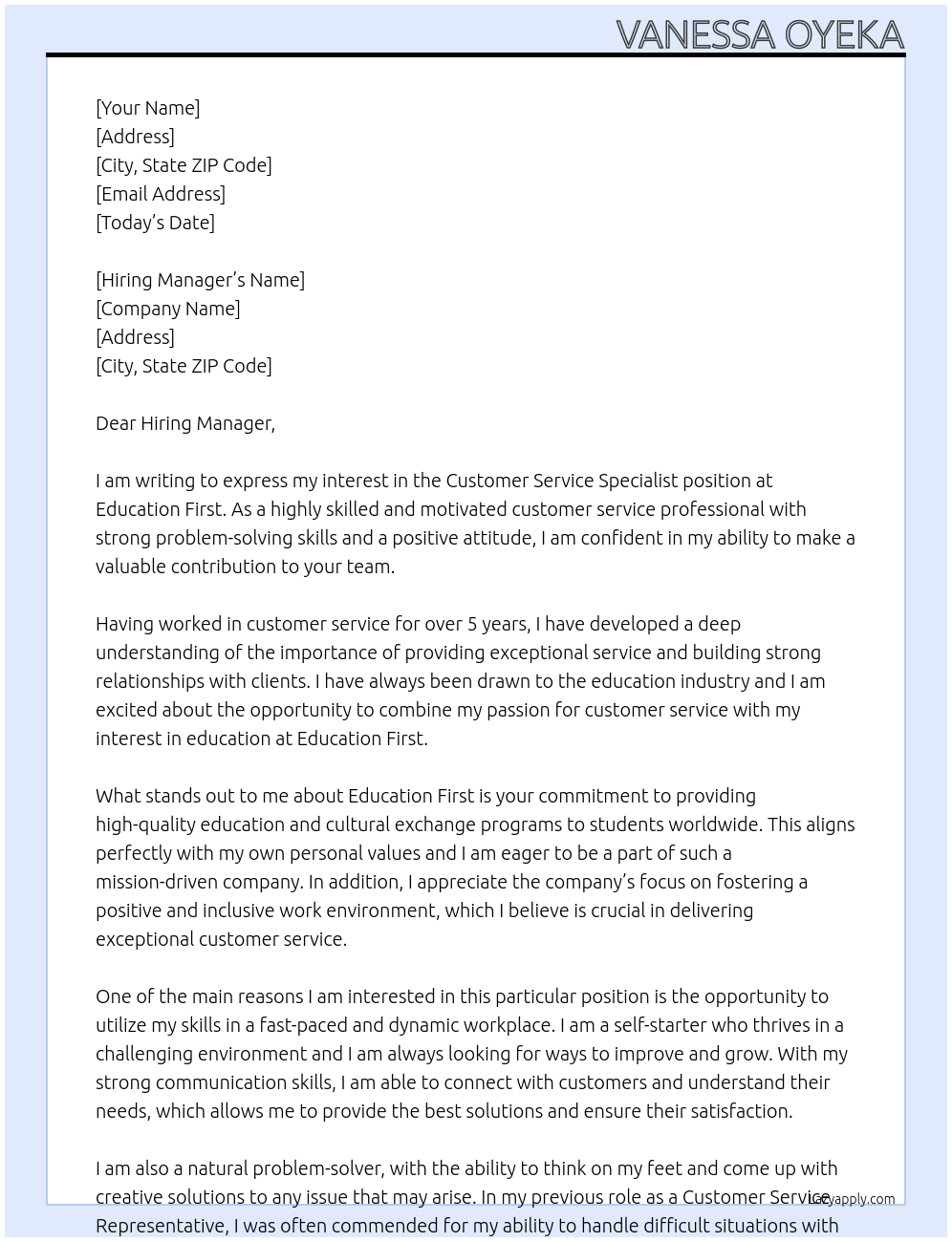 Customer Service Specialist At Education First Cover Letter