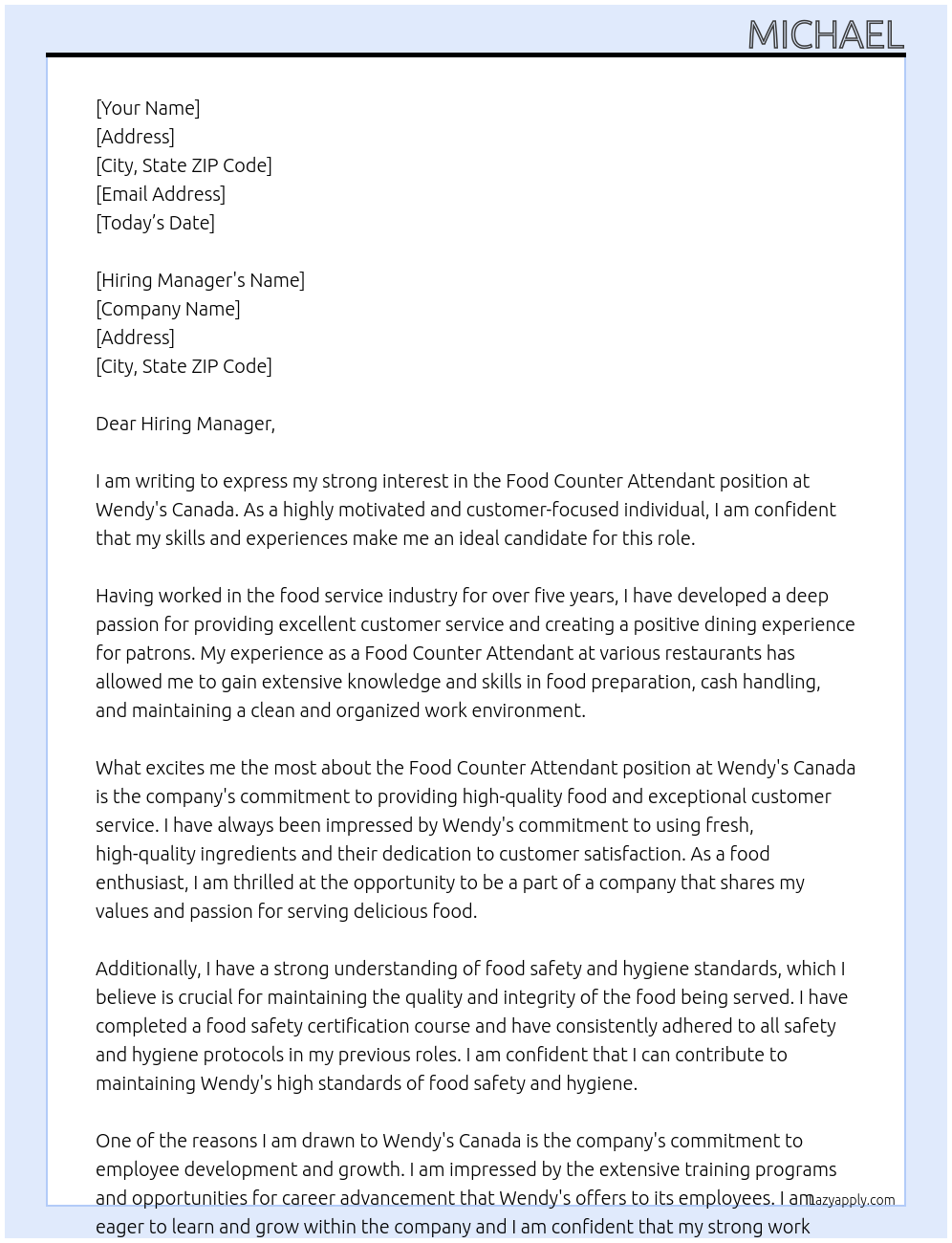 Food Counter Attendant At Wendy's Canada Cover Letter