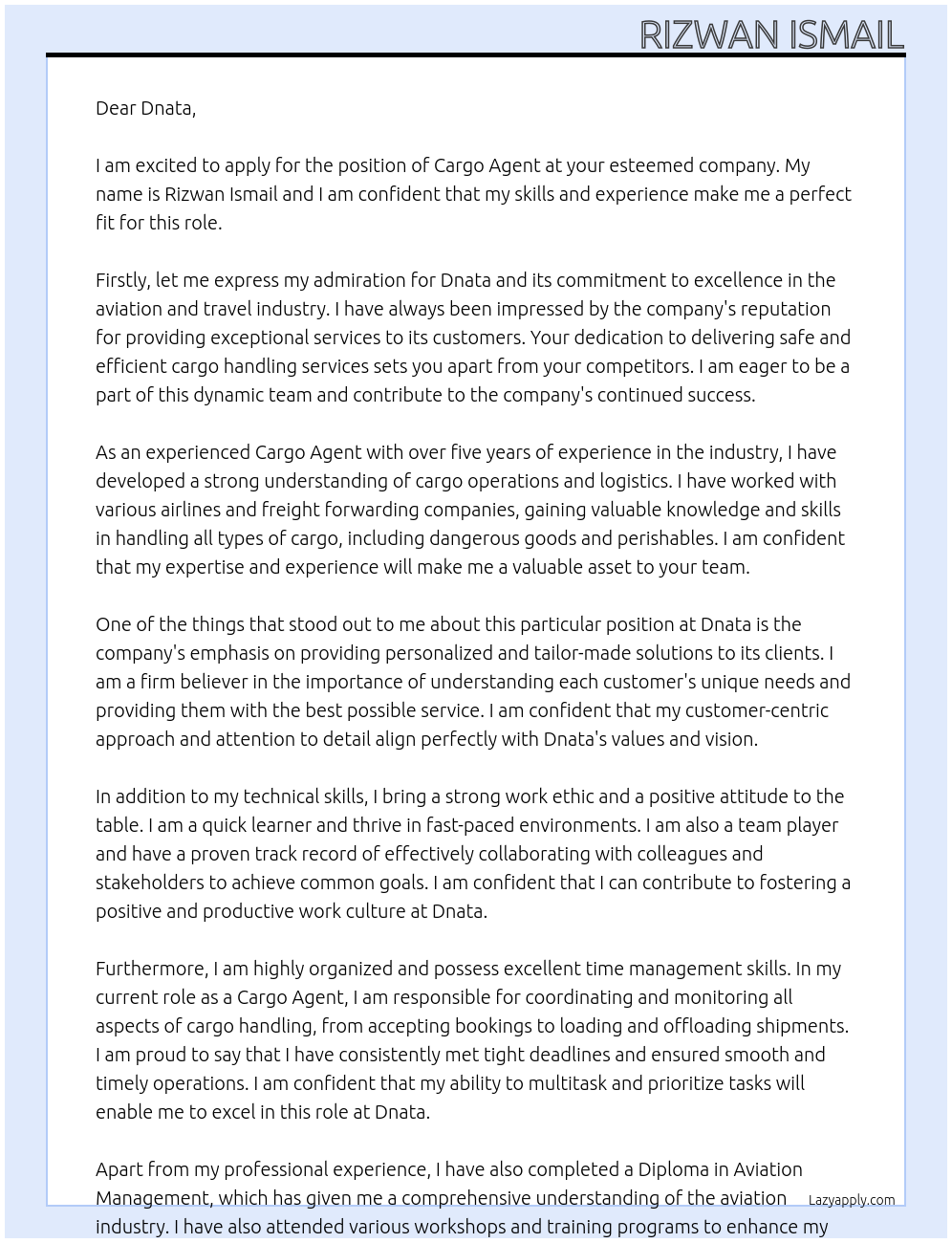 Cargo Agent  At Dnata Cover Letter