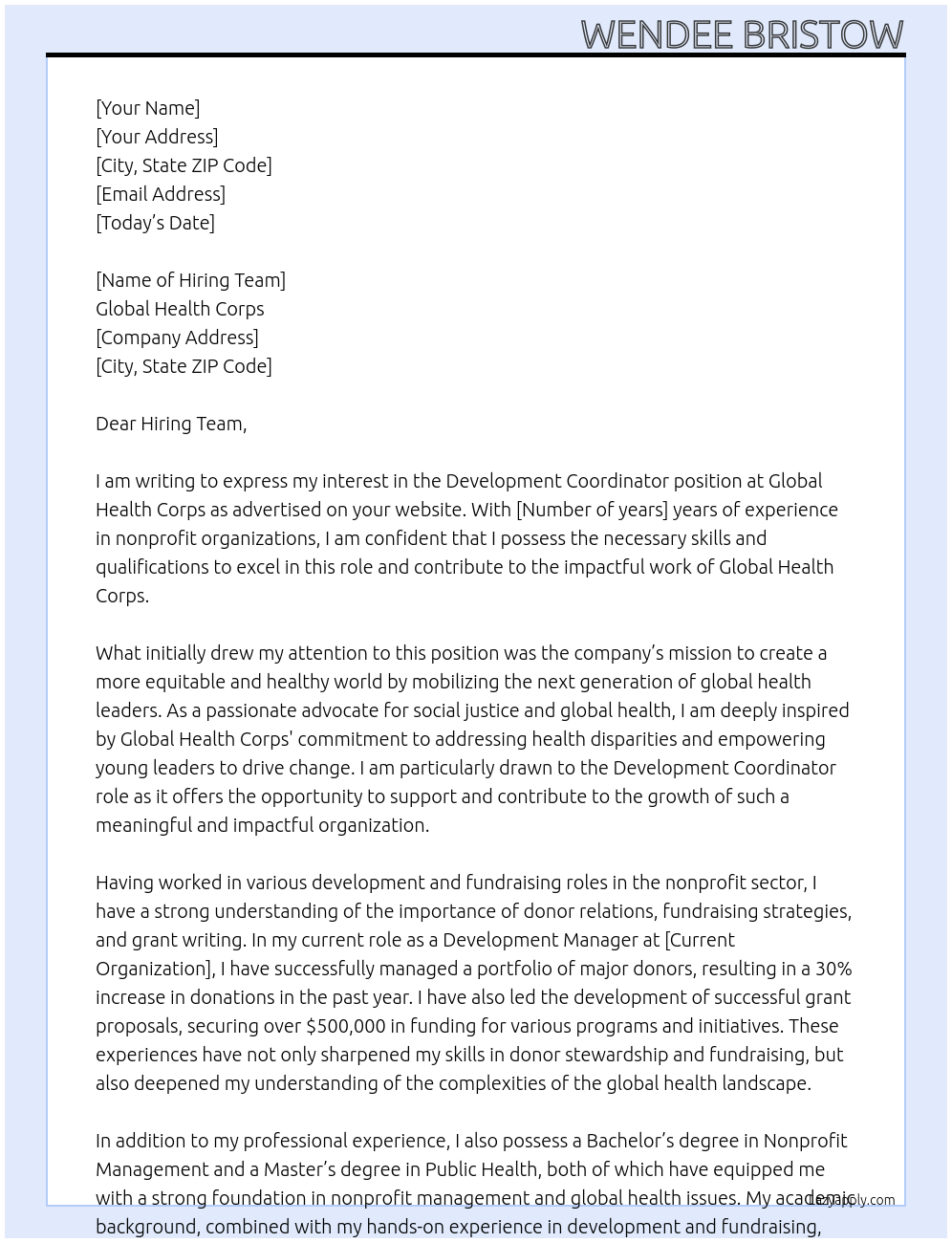 Development Coordinator At Global Health Corps Cover Letter