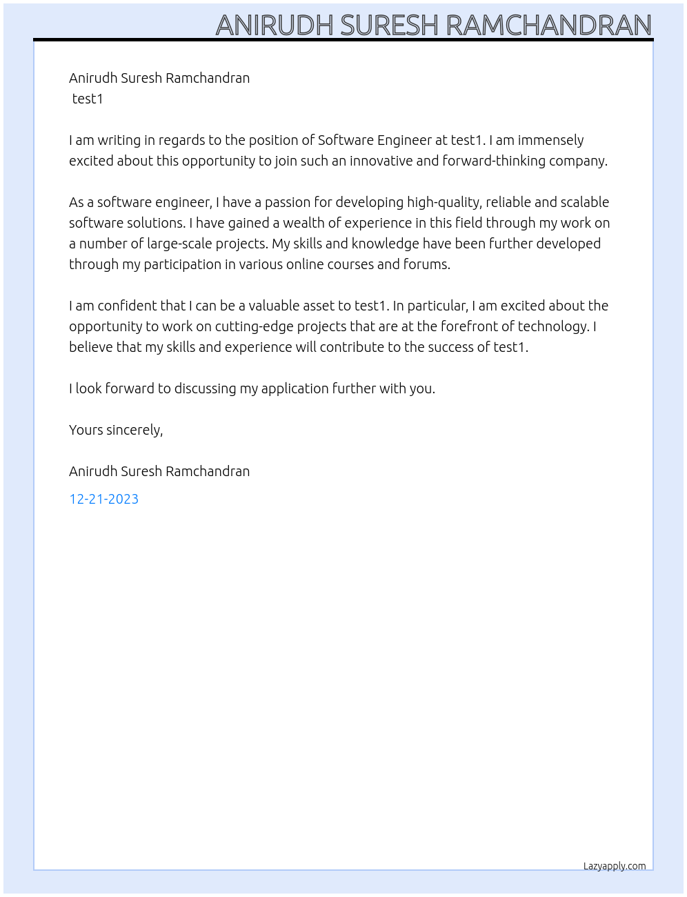 Software Engineer  At test1 Cover Letter