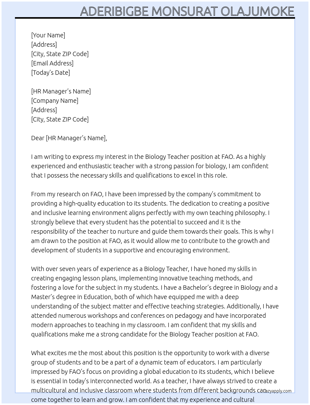 Biology Teacher At FAO Cover Letter