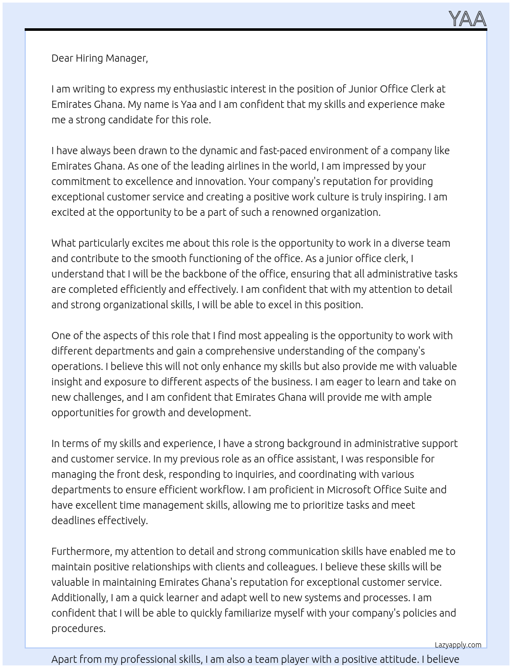 Cover letter for junior office clerk - LazyApply
