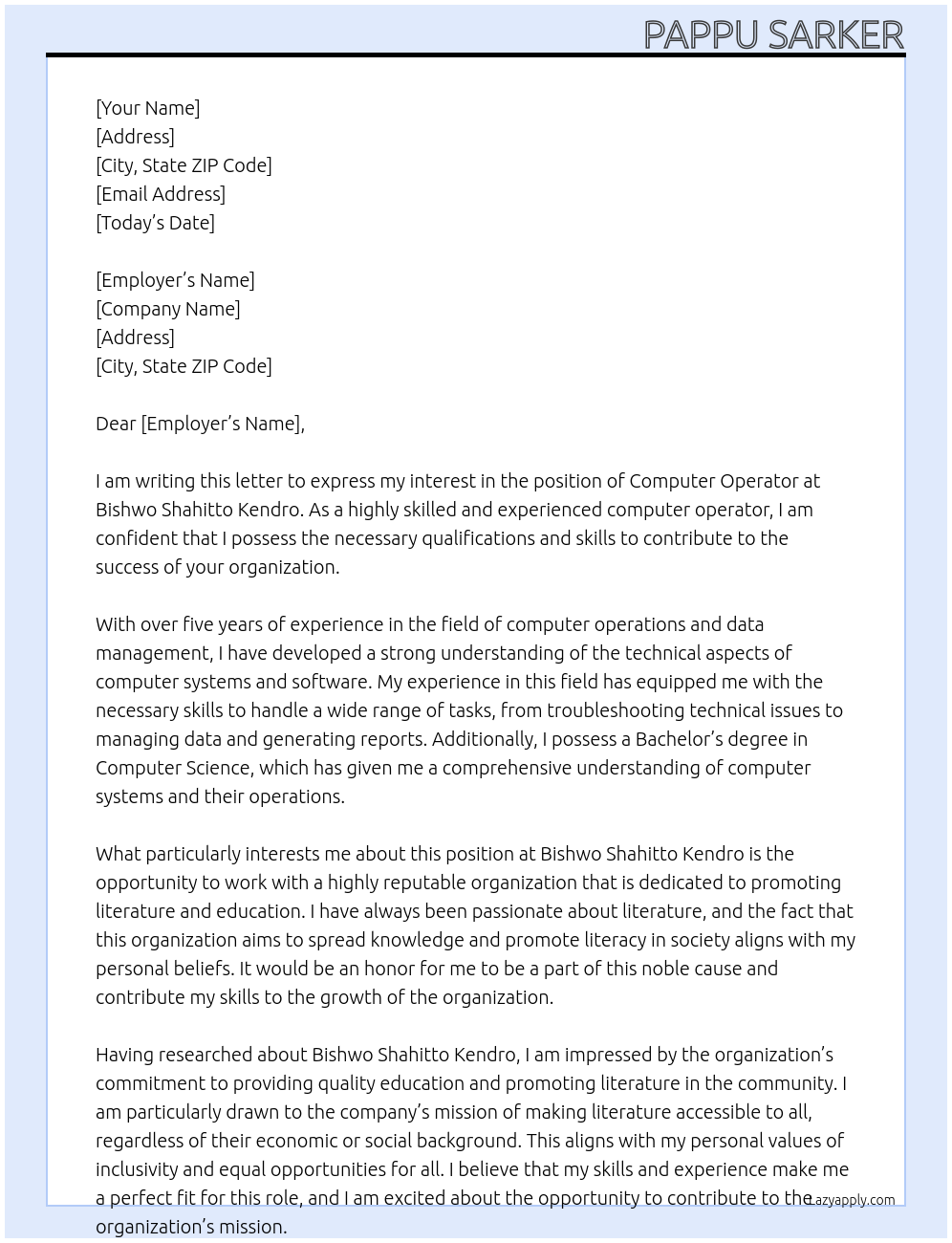 Computer operator At Bishwo Shahitto Kendro Cover Letter