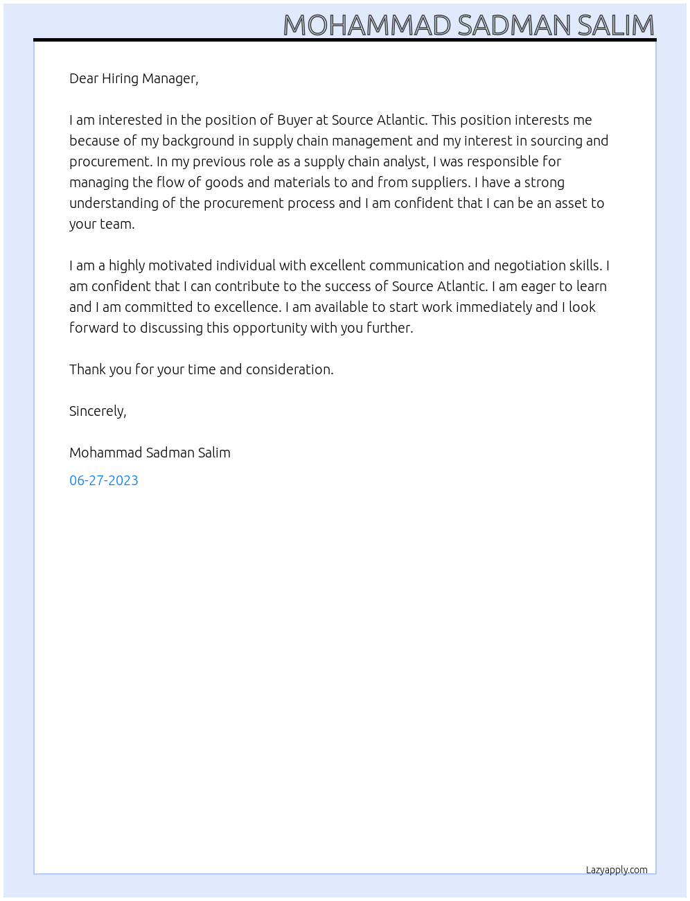 Buyer At Source Atlantic Cover Letter