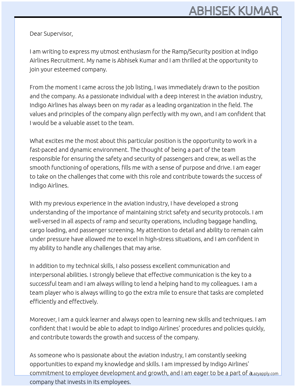 Ramp/Security  At Indigo Airlines Recruitment  Cover Letter
