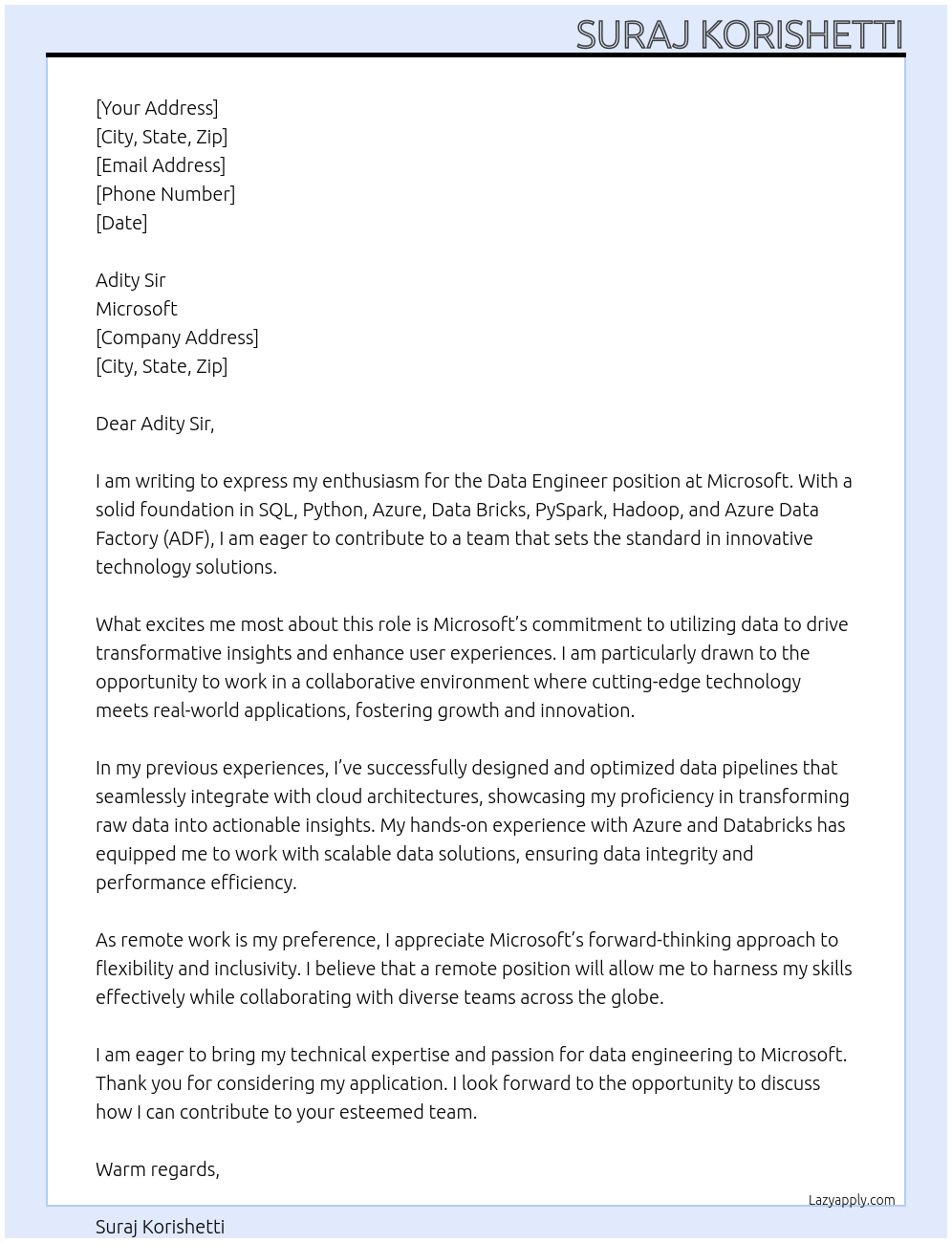 Data Engineer At Microsoft Cover Letter