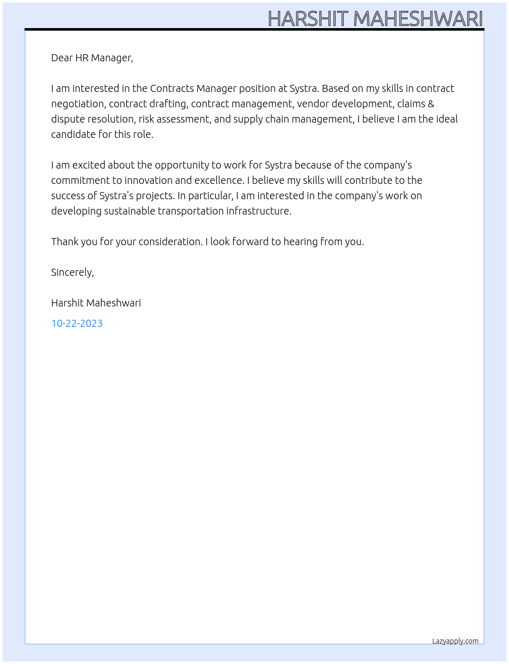 Contracts Manager At Systra Cover Letter