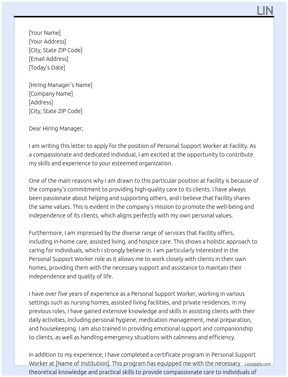 Personal support worker At Facility Cover Letter