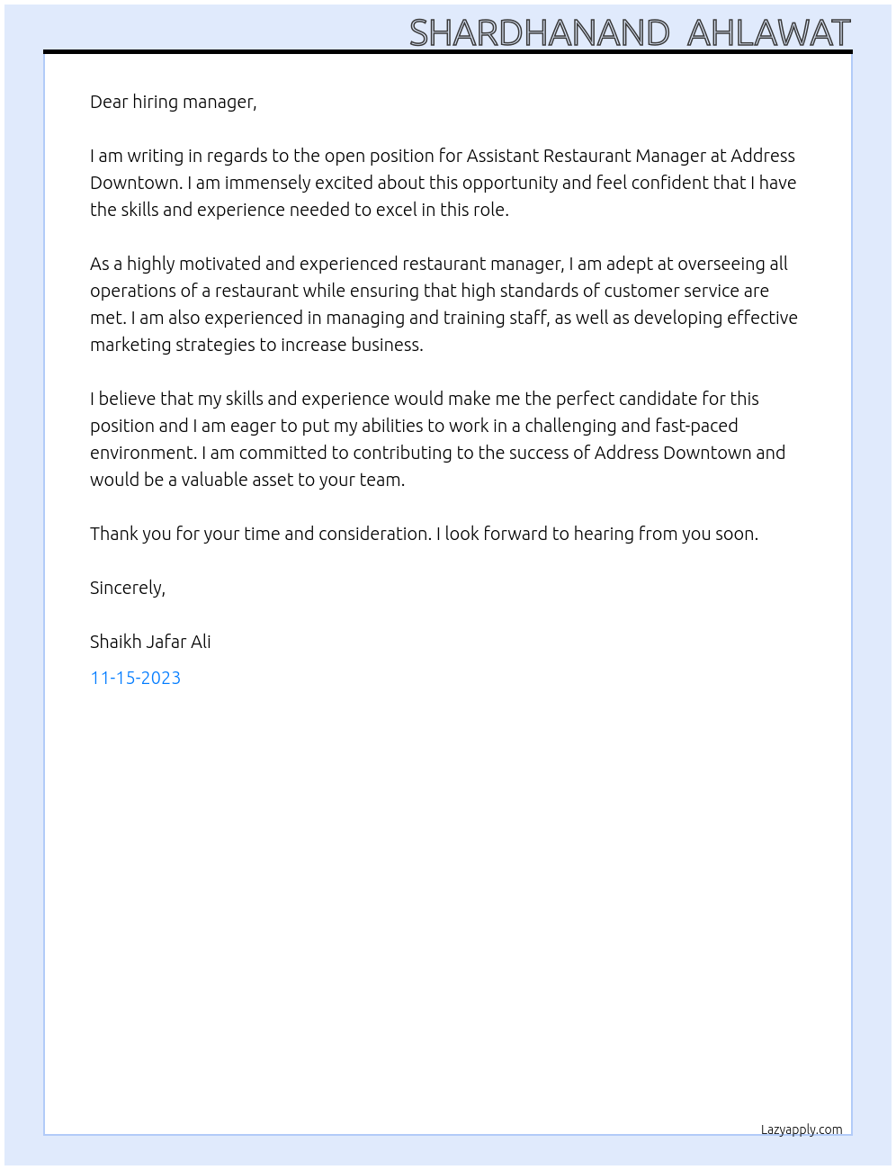 Assistant Restaurant Manager At Address Downtown Cover Letter