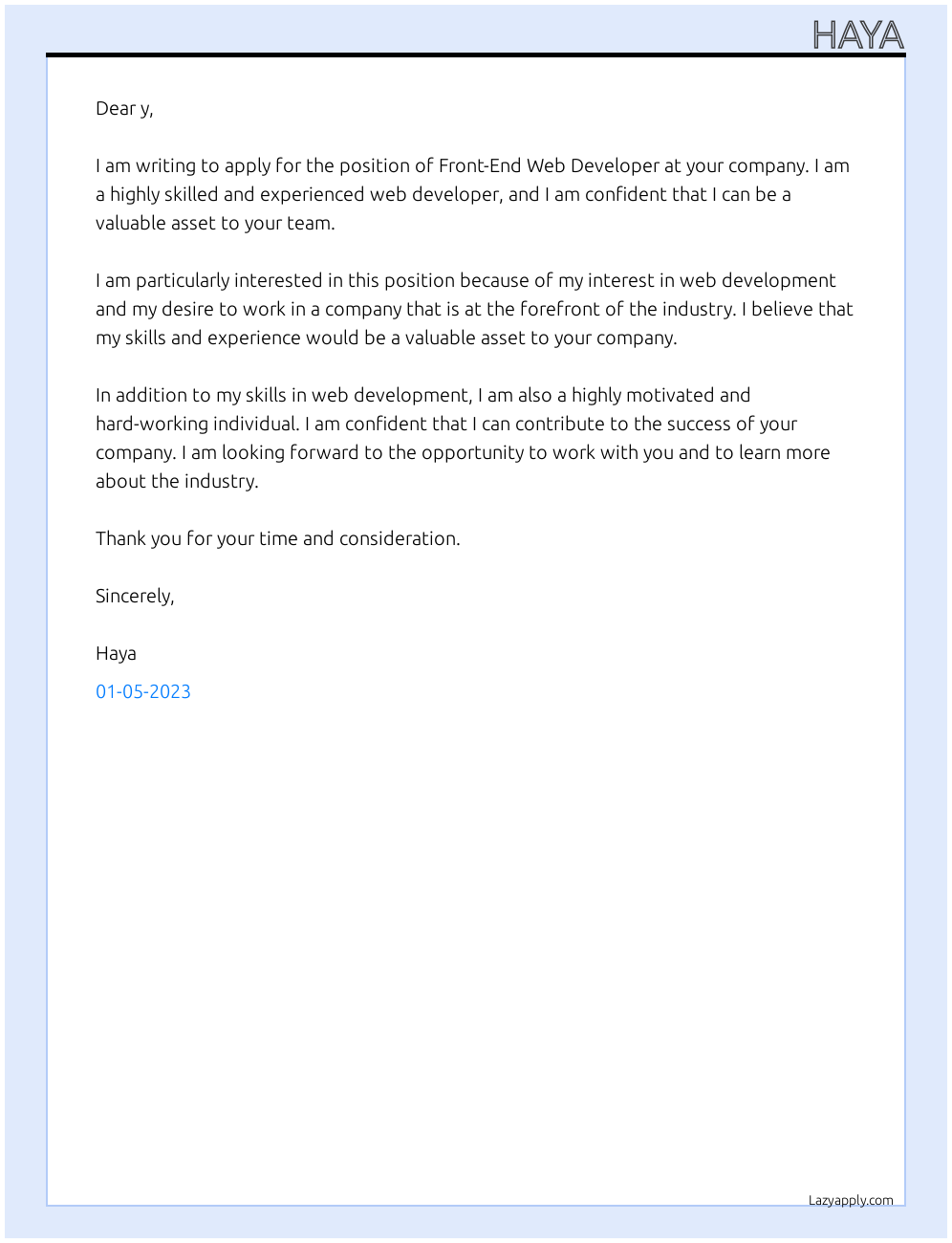 Cover letter for frontend web developer - LazyApply