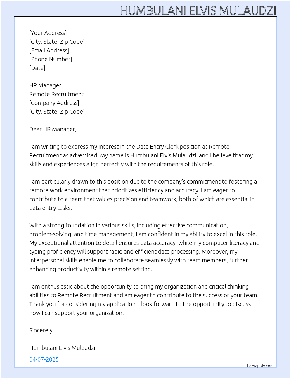 Data Entry Clerk At Remote Recruitment Cover Letter