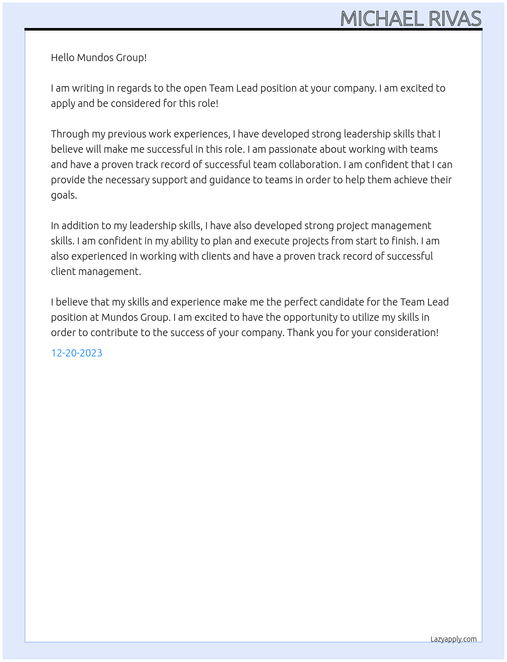 Team Lead At Mundos Group Cover Letter